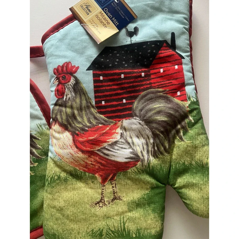 Rooster Chicken Oven Mitt Potholder Country Rustic Barn 100% Cotton Set of 3